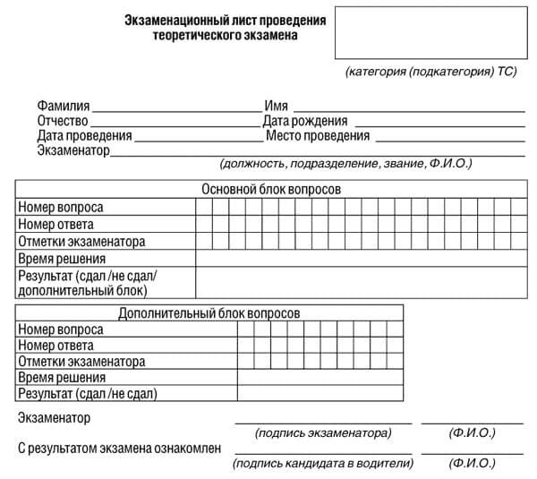 купить лист сдачи теоретического экзамена ПДД в Московской области